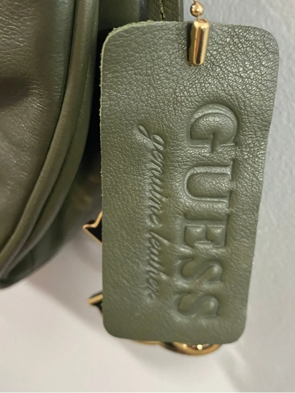 GUESS Olive Green Genuine Leather Laser-Cut Crossbody Bag with‎ Gold Hardwear